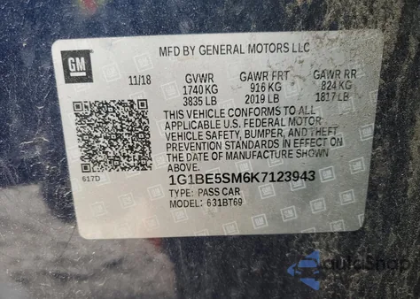 2019 Chevrolet Cruze Lt из США, поврежденный, VIN 1G1BE5SM6K7123943